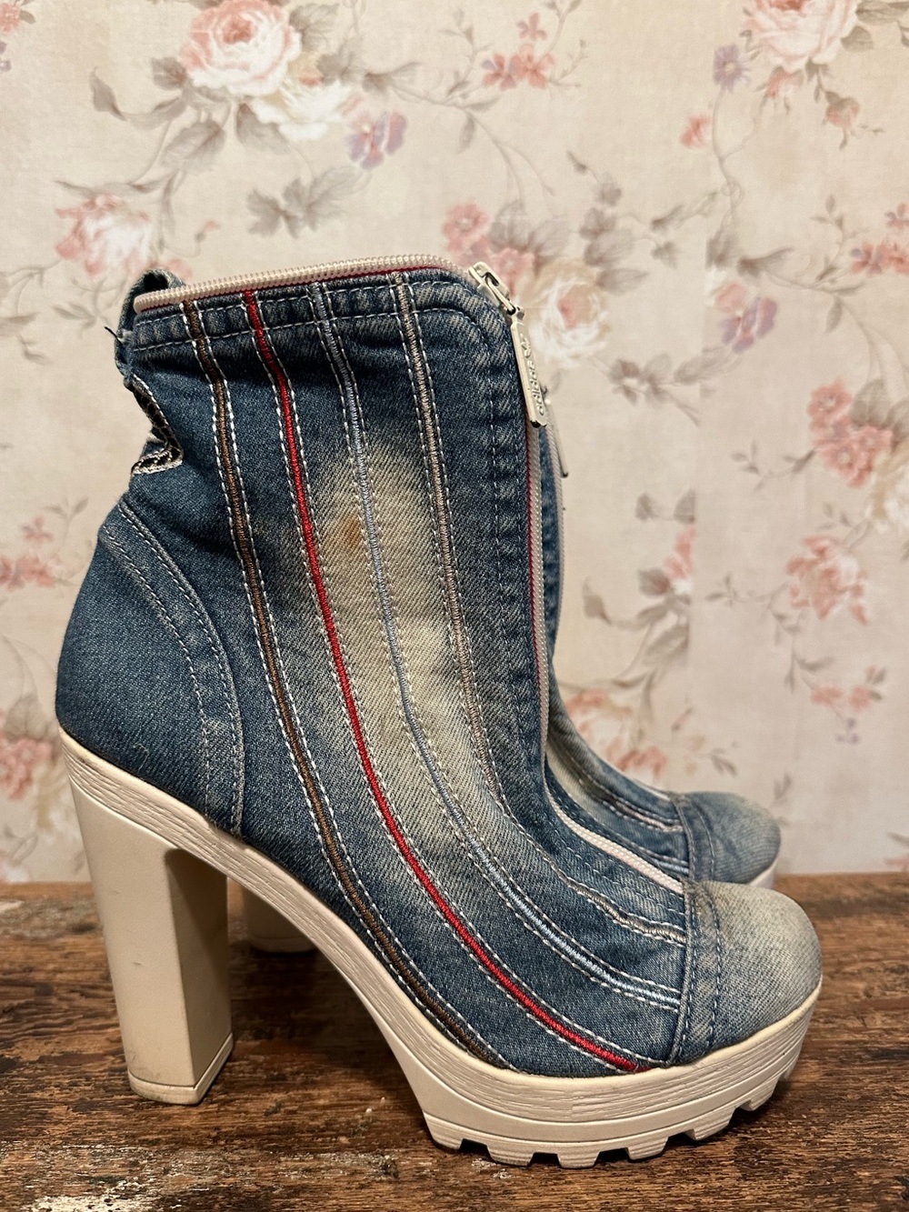 Upcycled Boots Platform Denim Y2K High Block Heel Size 39 - Picture 6 of 10